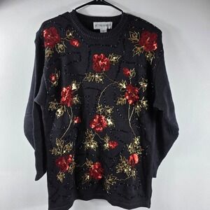 Victoria‎ Harbour Vintage  Women Black Red Sequin Beaded Floral Sweater L